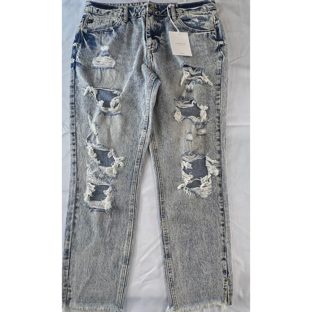 Kancan Women Stone Washed Distressed Frayed Hem High-Rise Denim Jeans Size 13/30